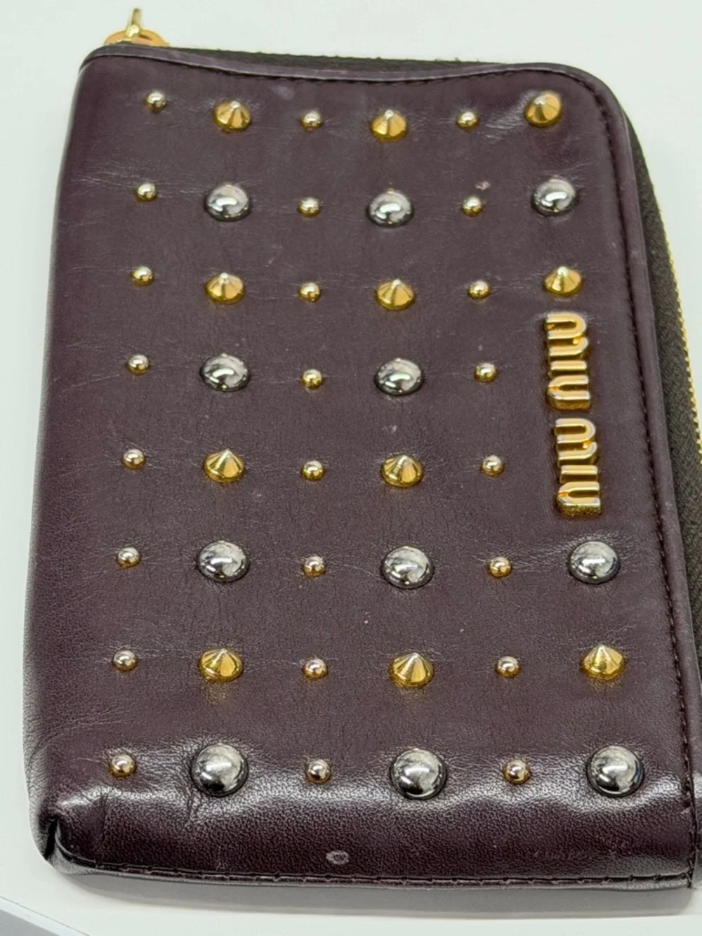 Miu Miu Leather Zip Studded Wallet